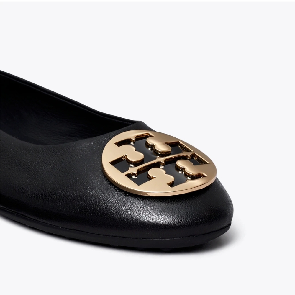 Tory Burch Black Leather Flats with Gold Logo